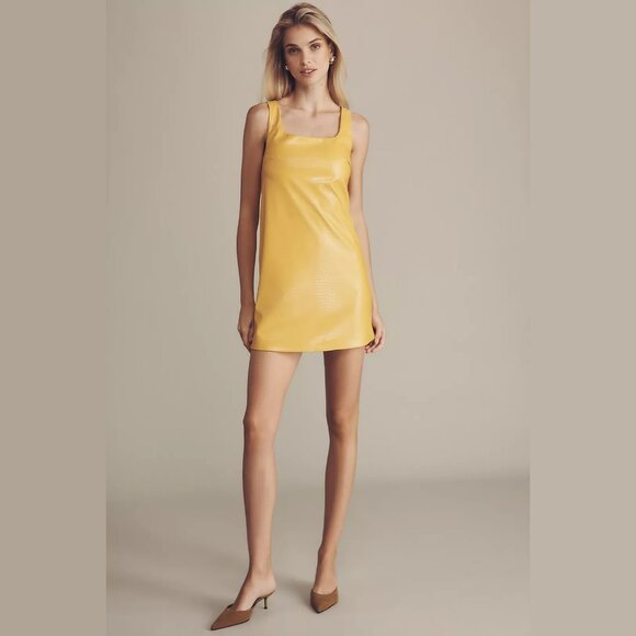 NEW Siempre Sizes S M L Women's Faux Crackle Leather Mini Dress - Yellow